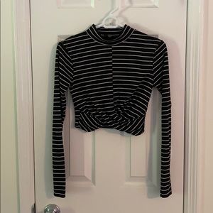 Topshop Black & White Striped Twist Front Crop Top